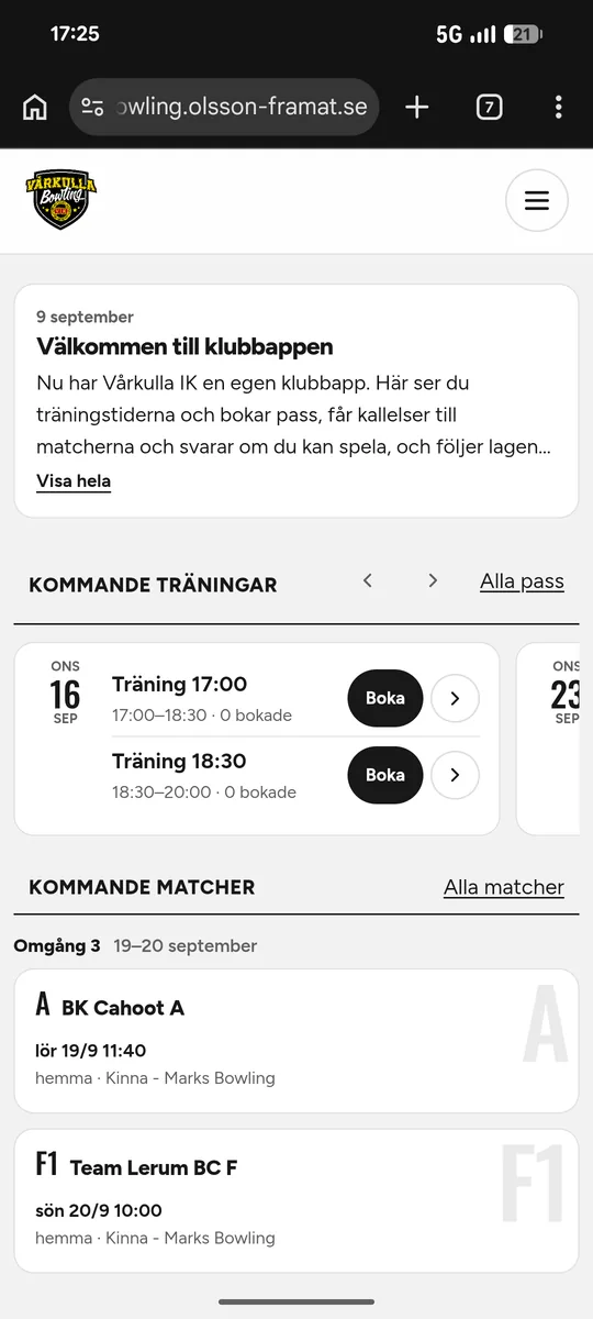 Vårkulla Bowling öppen i Chrome på en Android-telefon. Uppe till höger i adressraden syns de tre prickarna.