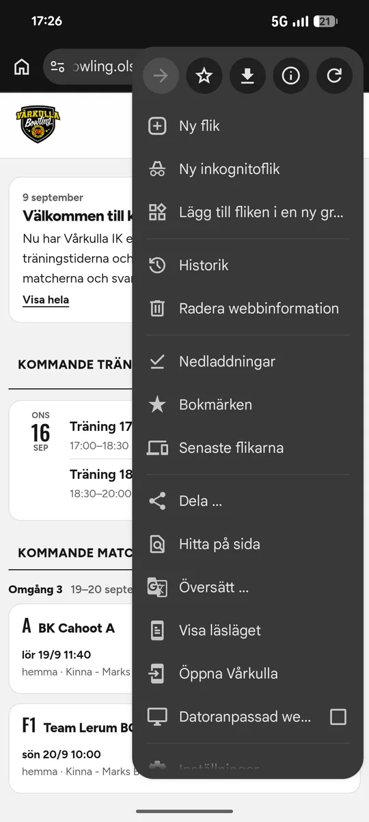 Chromes meny öppen. Långt ner i listan står raden för appen, här Öppna Vårkulla eftersom appen redan var installerad på den här telefonen.
